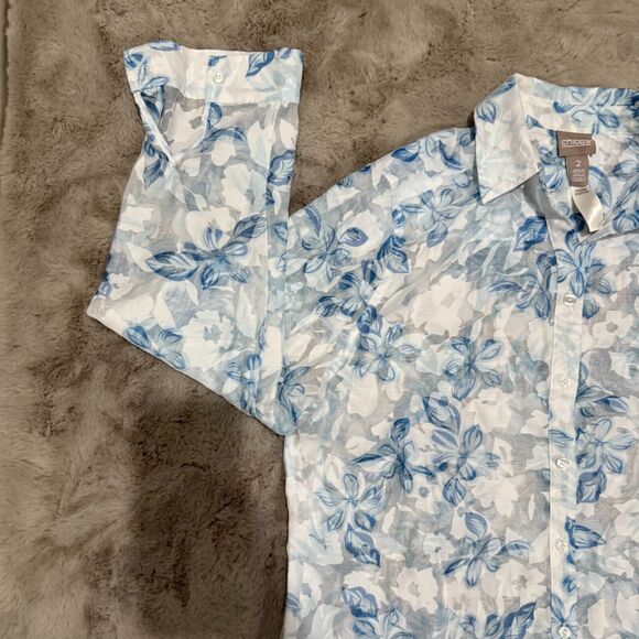 Chico’s Women Floral Button-Up Shirt Blue White Sheer Long Sleeve Blouse Size L - Picture 7 of 11